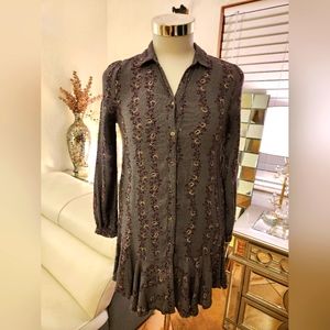 Free People Slubby Crinkle Drop Waist Long Sleeve Gray Dress XS.